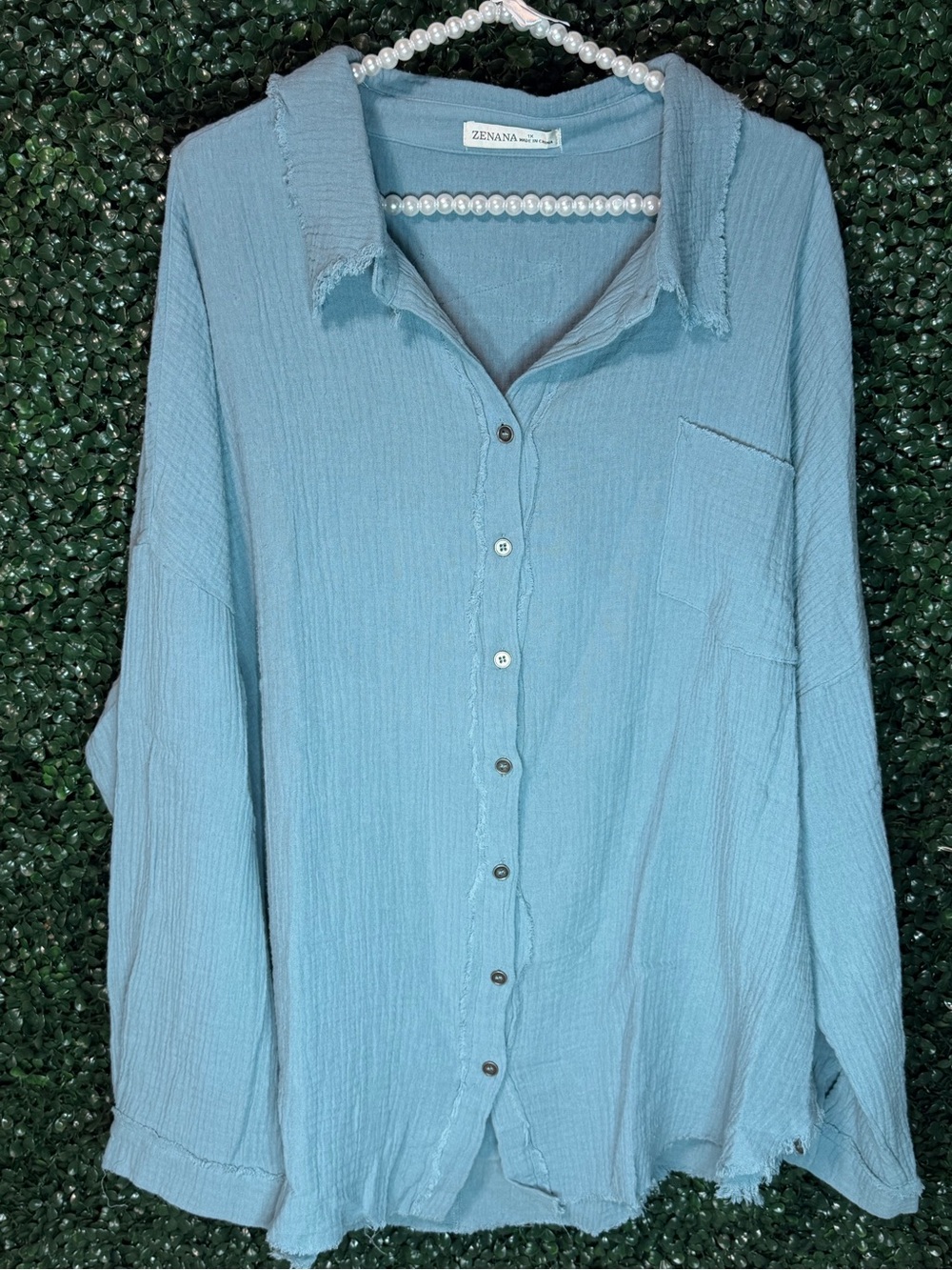 Zenana Outfitters Blue Grey Gauze Button-Down Shirt